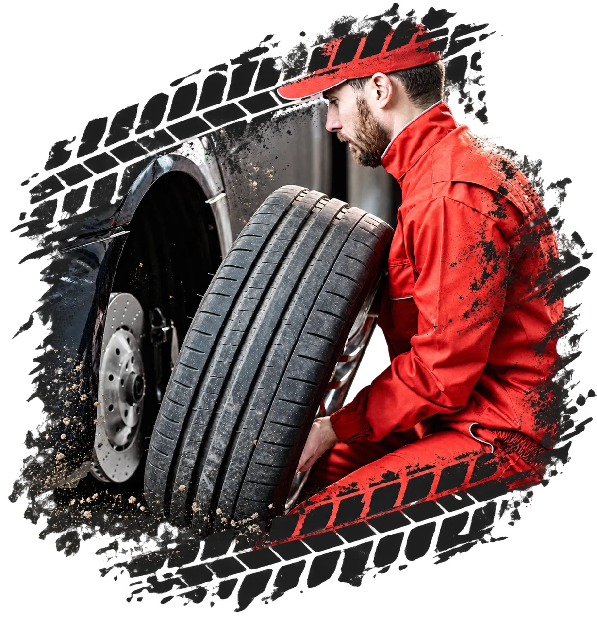 Technician in a red uniform mounting a tire on a vehicle