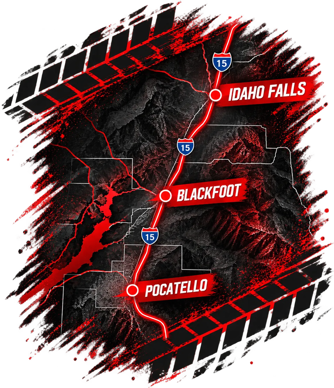Service area map showing Idaho Falls, Blackfoot, and Pocatello along I-15